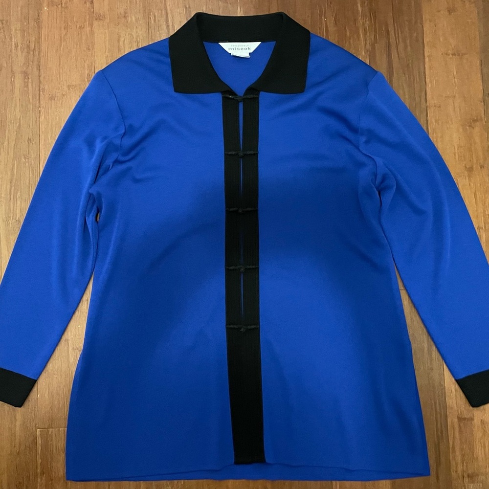 Misook Cardigan Womens L Blue Stripe Cascading Open Ponte Knit Career Office